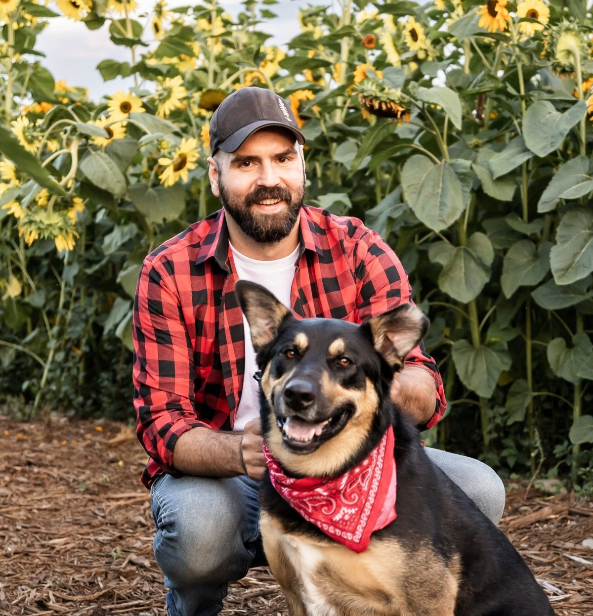 Steven Barr with his dog in a sunflower garden